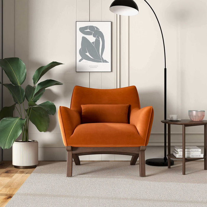 Brayden MCM Fabric Accent Lounge Chair – Modern Upholstered Chair (Multiple Fabrics & Colors) in vibrant orange velvet.