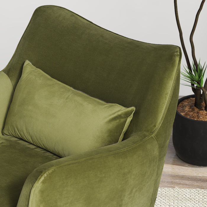 Brayden MCM Fabric Accent Lounge Chair – Modern Upholstered Chair (Multiple Fabrics & Colors) in plush green velvet with cushion.