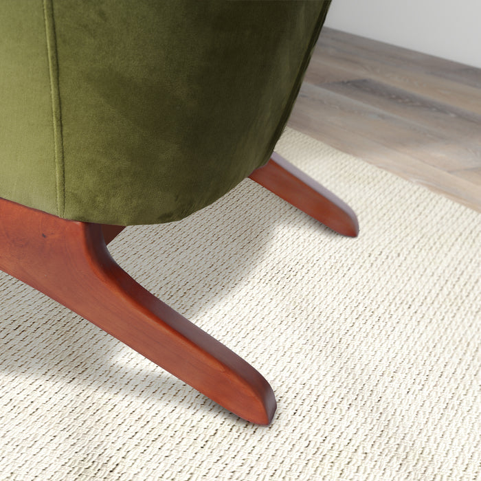 Brayden MCM Fabric Accent Lounge Chair – Modern Upholstered Chair (Multiple Fabrics & Colors) close-up of wooden legs and green fabric