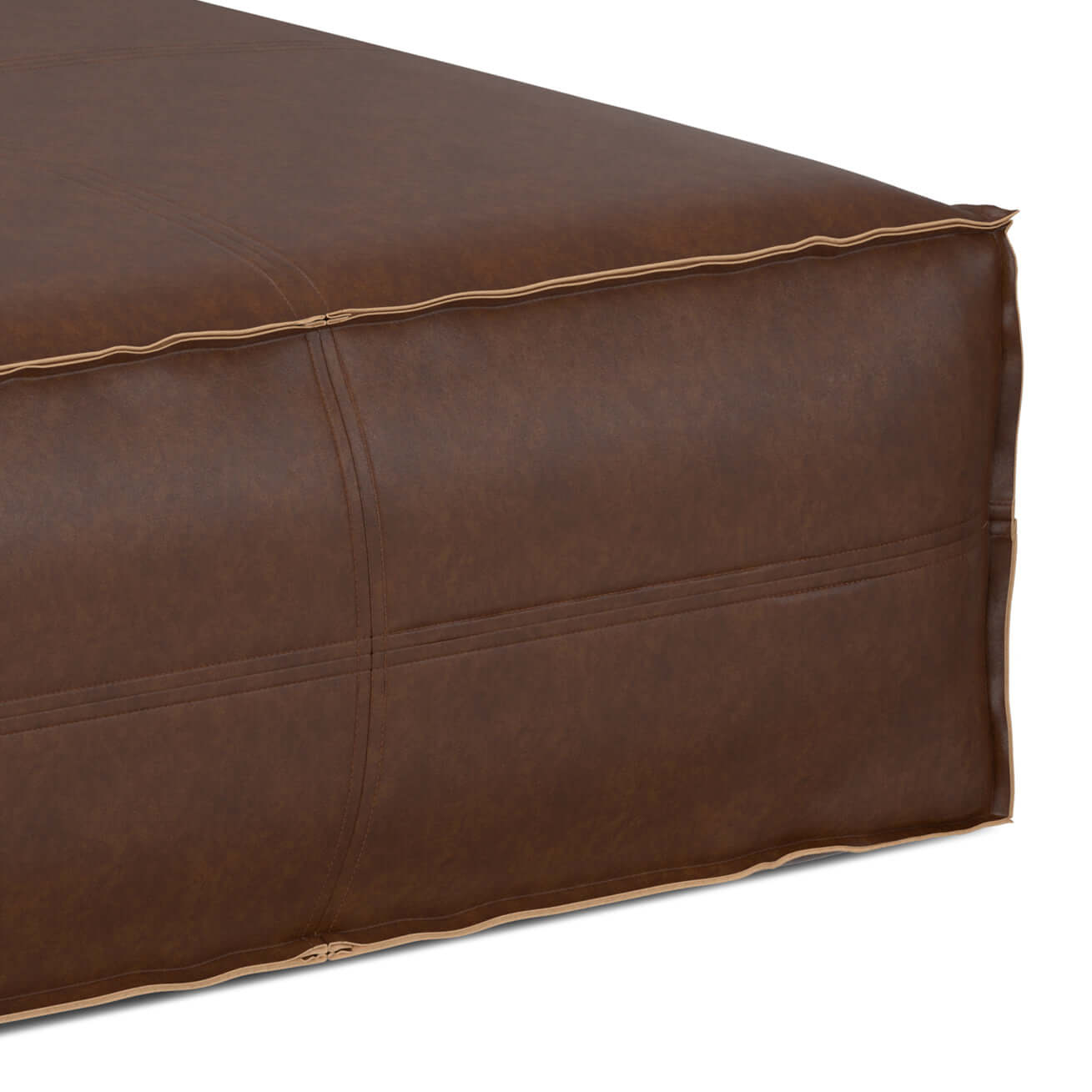 Brody Large Square Faux Leather Ottoman 36" – Coffee Table Ottoman (2 Colors) in rich brown faux leather.