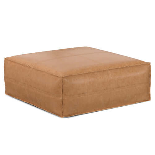 Brody Large Square Faux Leather Ottoman 36" – Coffee Table Ottoman (2 Colors) in rich brown faux leather.