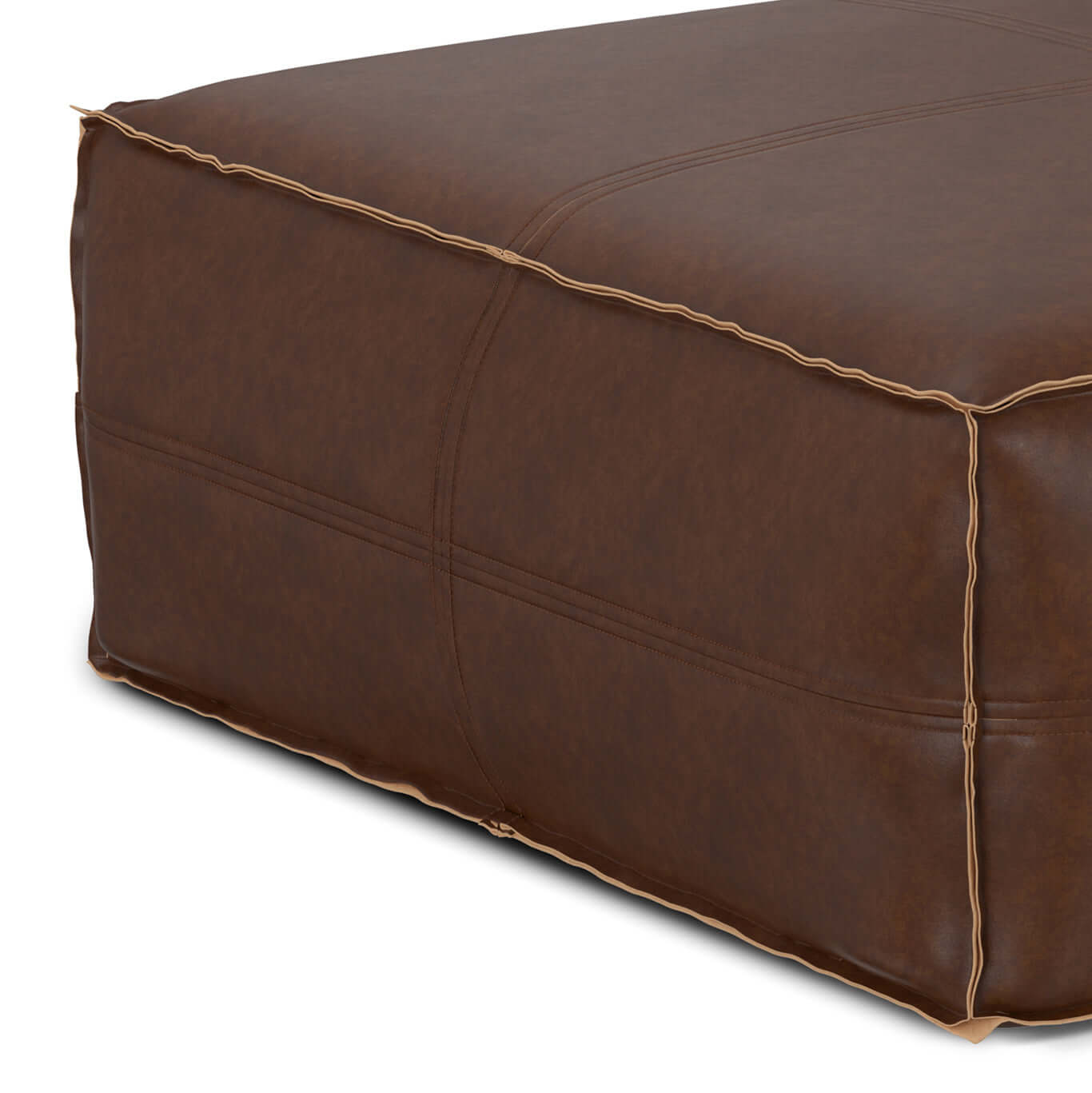 Brody Large Square Faux Leather Ottoman 36" – Coffee Table Ottoman (2 Colors) in brown faux leather finish.