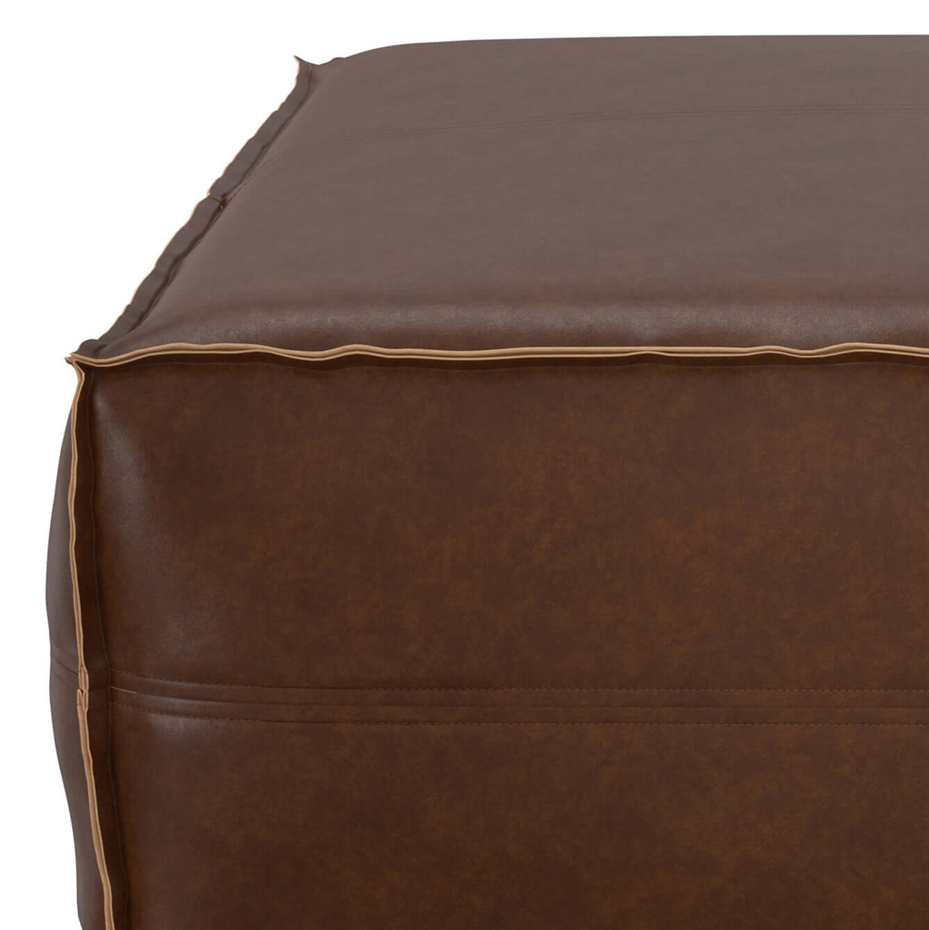 Brody Large Square Faux Leather Ottoman 36" – Coffee Table Ottoman (2 Colors) close-up of brown faux leather texture.