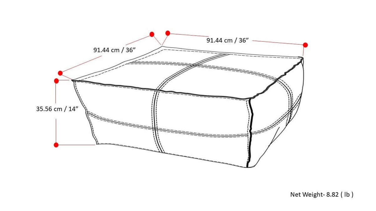 Brody Large Square Faux Leather Ottoman 36" dimensions illustration with net weight and measurements.