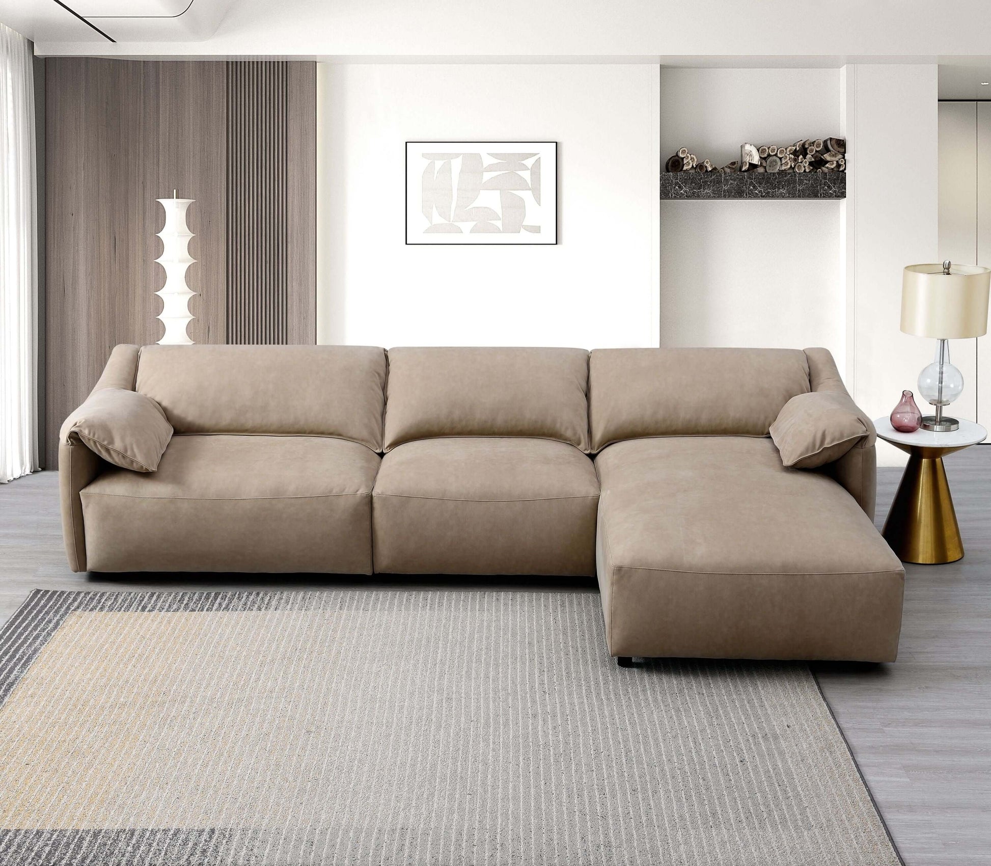 Light Brown Suede Sectional Sofa with Chaise, 127-inch L-shape couch, comfortable and spacious living room furniture.