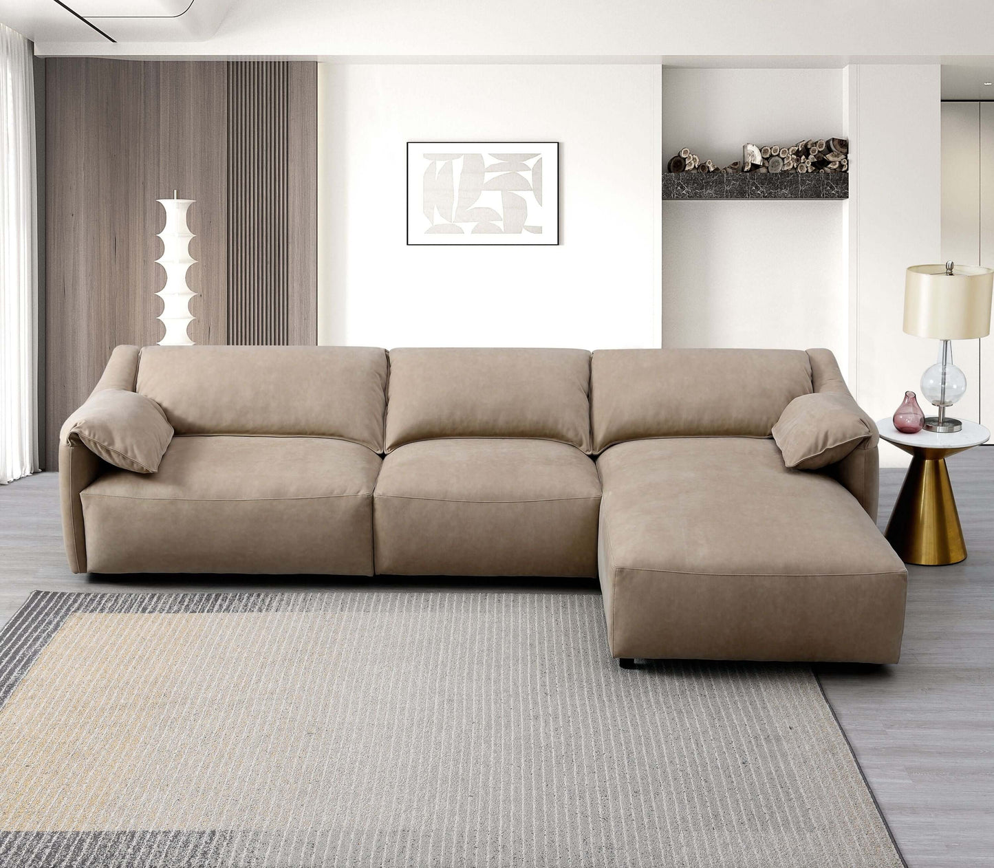 Light Brown Suede Sectional Sofa with Chaise, 127-inch L-shape couch, comfortable and spacious living room furniture.