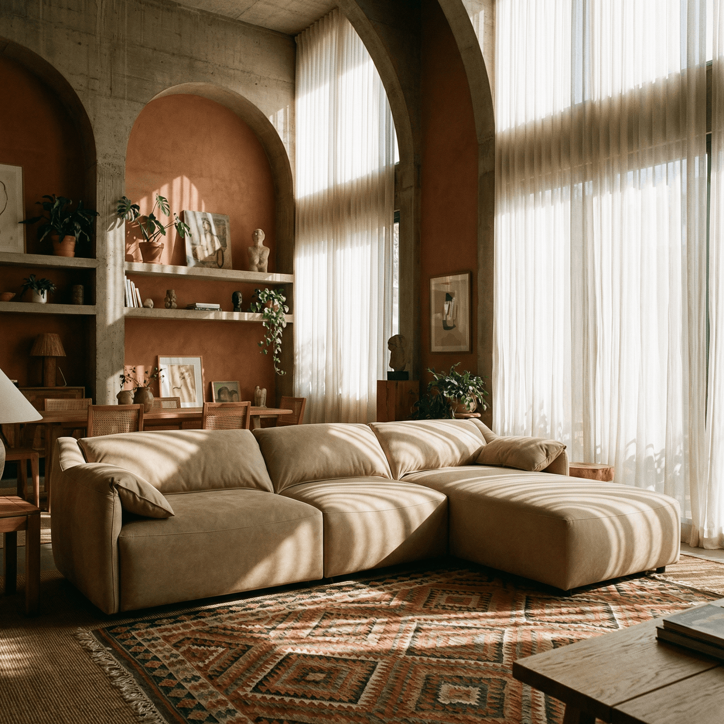Brown Suede Sectional Sofa with Chaise – 127” L-Shape Couch in a stylish living room setting.