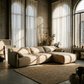 Brown Suede Sectional Sofa with Chaise – 127” L-Shape Couch in a stylish living room setting.