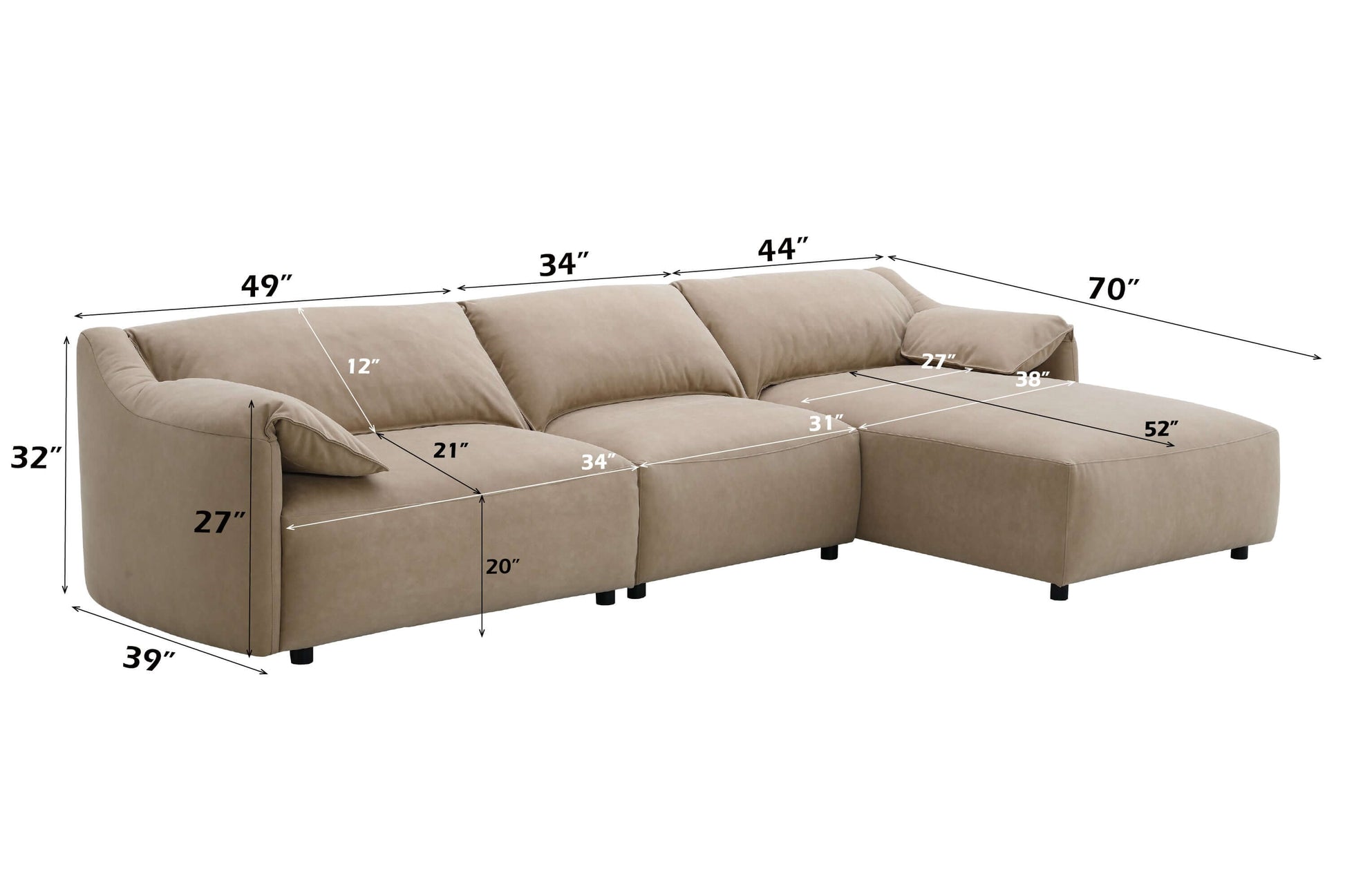 Light Brown Suede Sectional Sofa with Chaise dimensions, showcasing the spacious layout and design of the 127-inch L-shape couch.