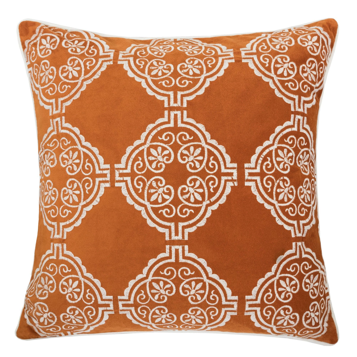 Burnt Orange Damask Embroidered Throw Pillow – 20" Boho Accent Cushion
