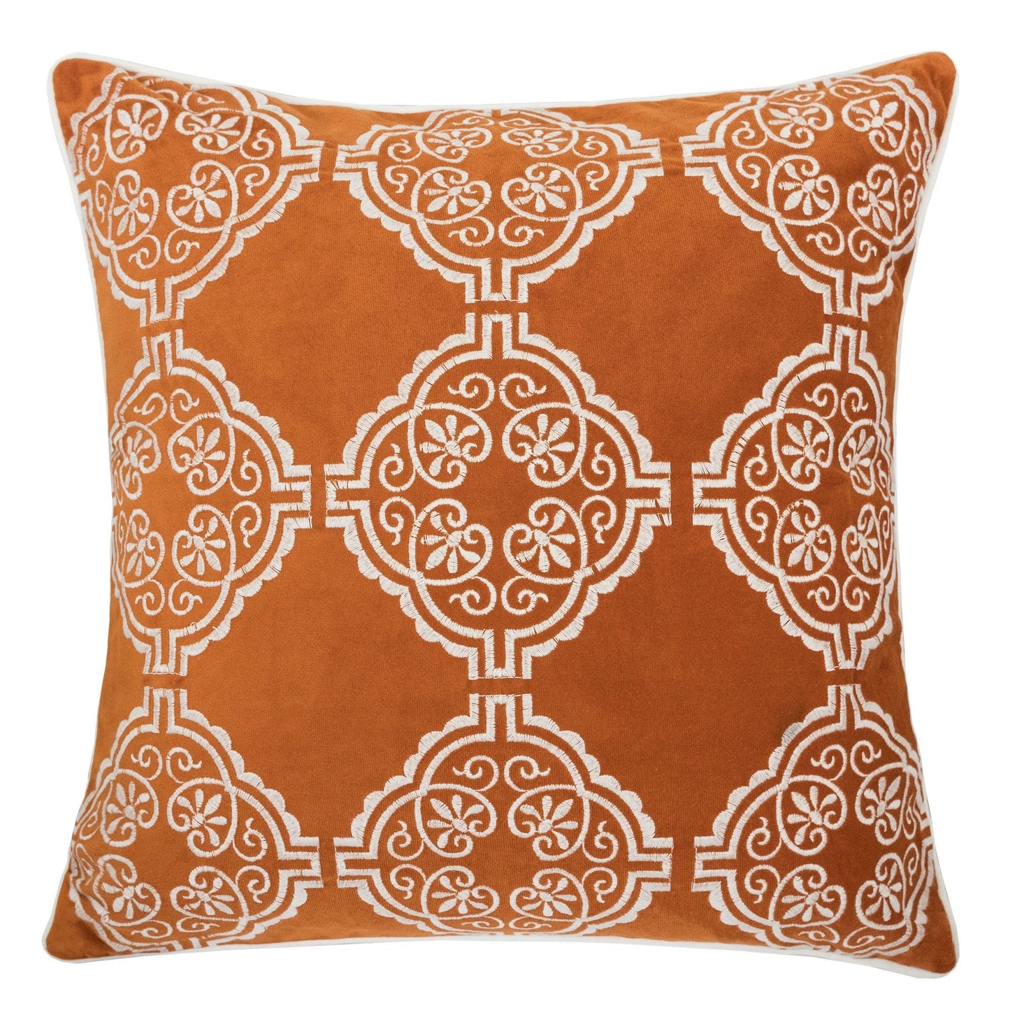 Burnt Orange Damask Embroidered Throw Pillow – 20" Boho Accent Cushion