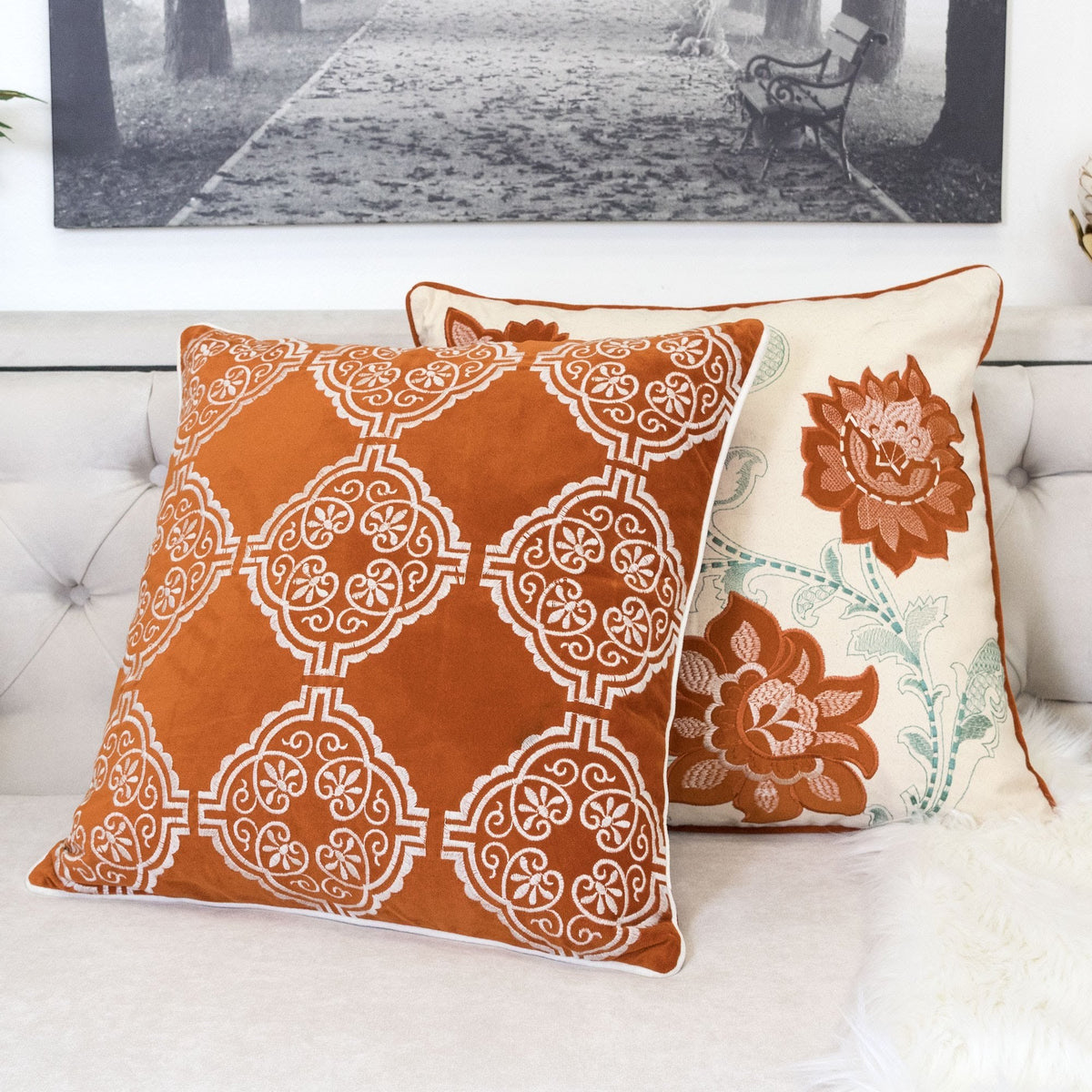 Burnt Orange Damask Embroidered Throw Pillow – 20" Boho Accent Cushion – view 3
