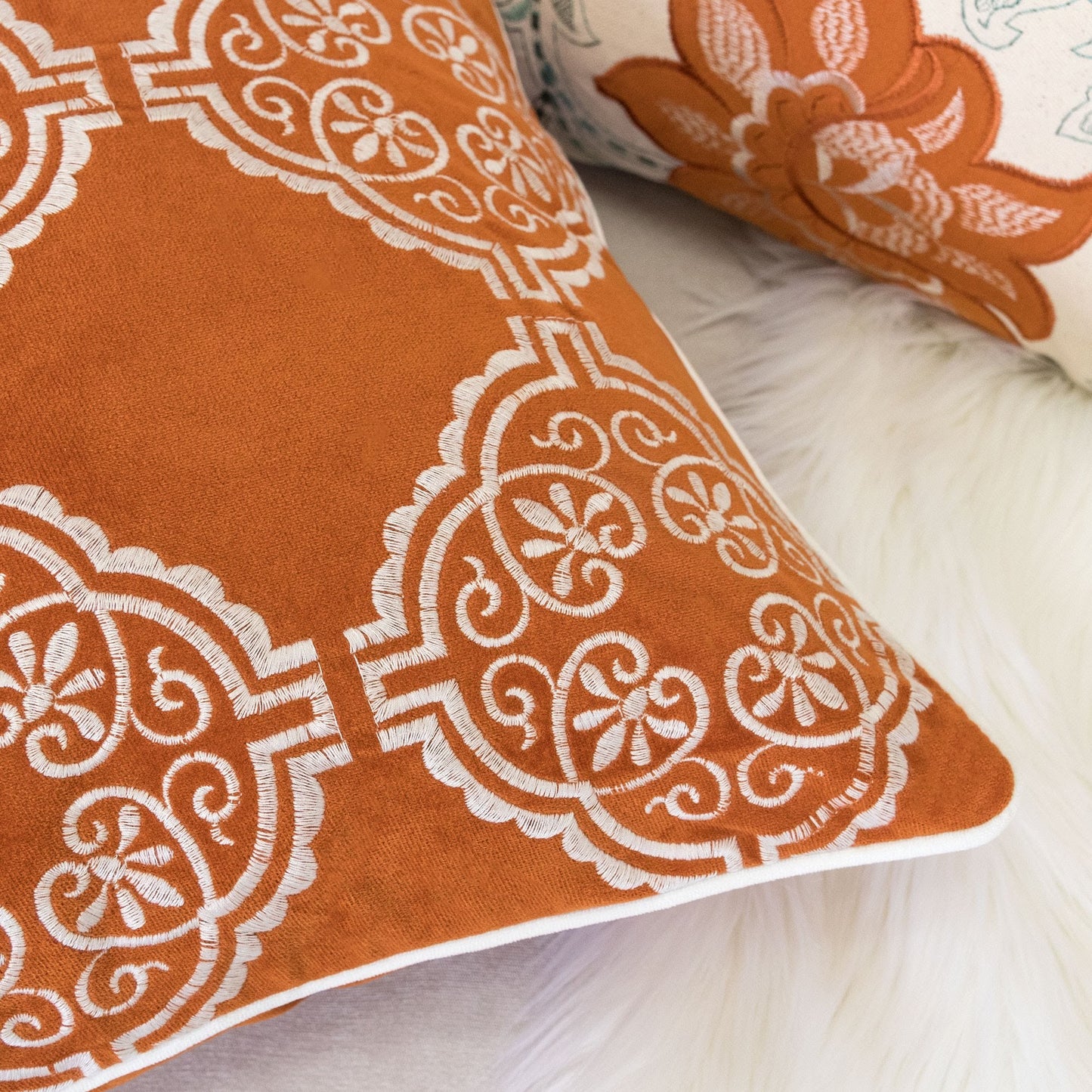 Burnt Orange Damask Embroidered Throw Pillow – 20" Boho Accent Cushion – view 4