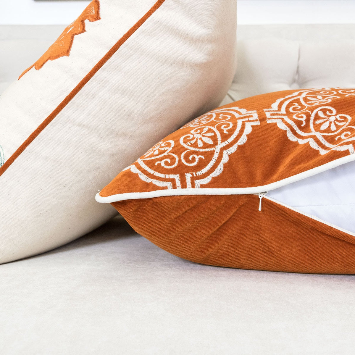 Burnt Orange Damask Embroidered Throw Pillow – 20" Boho Accent Cushion – view 5
