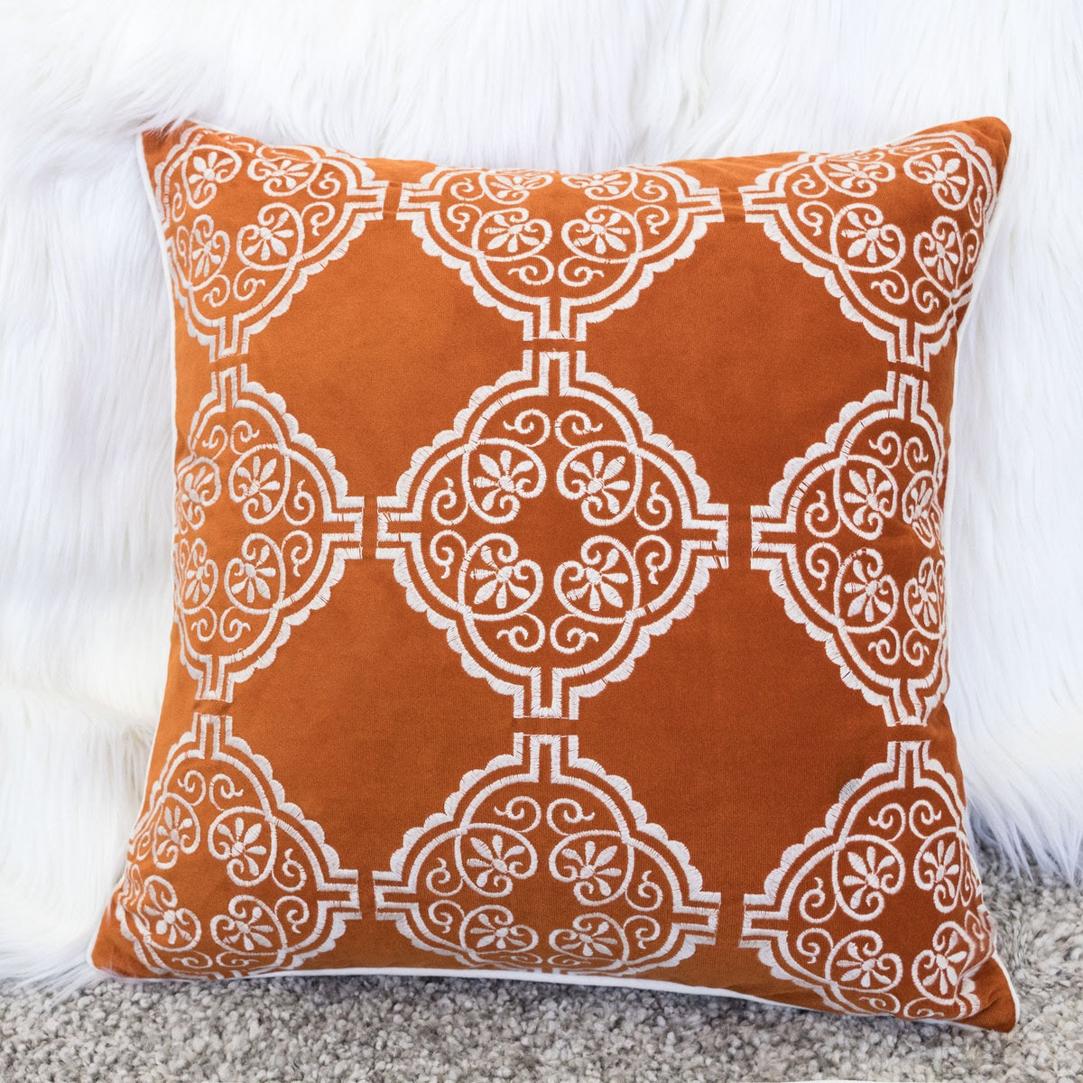 Burnt Orange Damask Embroidered Throw Pillow – 20" Boho Accent Cushion – view 6