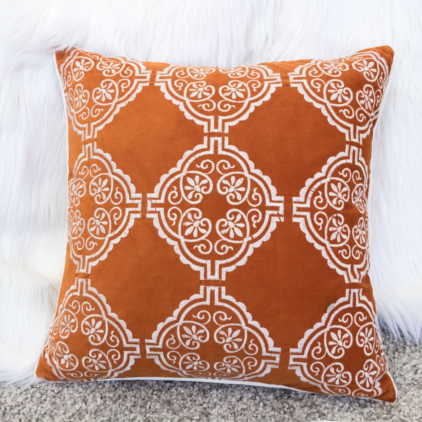 Burnt Orange Damask Embroidered Throw Pillow – 20" Boho Accent Cushion – view 6