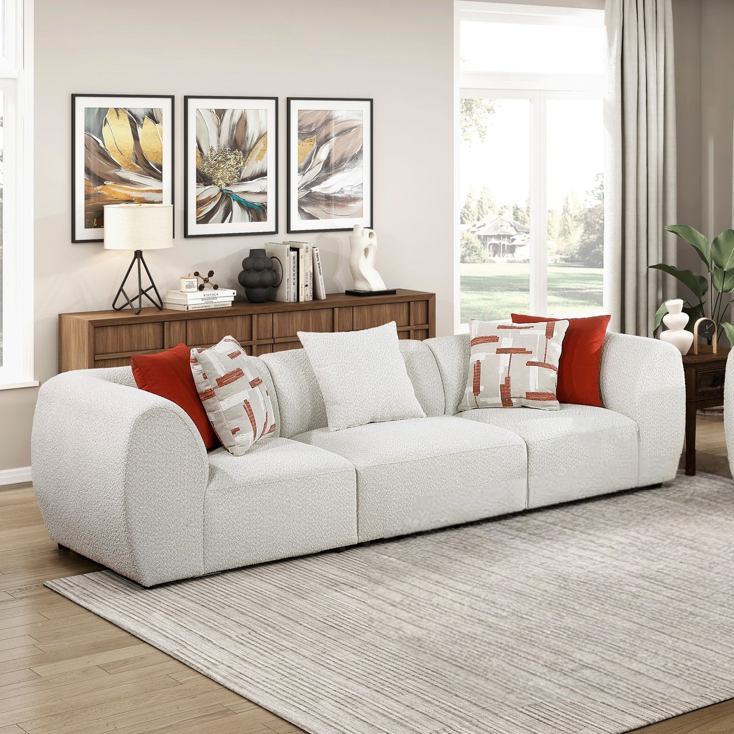 Winnie Chenille Modular Sofa – 121.5" Beige 3-Piece Sectional with Pillows
