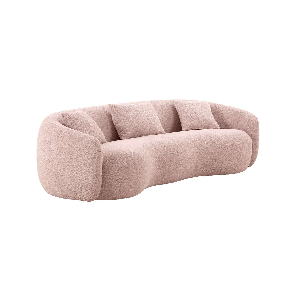Modern Boucle Curved Sofa 94" – Sculptural 3-Seater Upholstered Couch (4 Colors) in soft pink boucle upholstery.