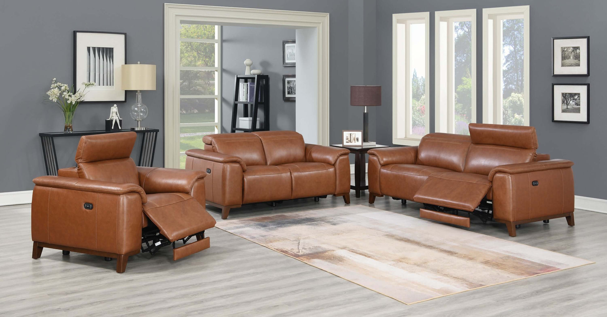 Dual-Power Brown Leather Reclining Sofa 83" - Power Headrest & Padded Armrests - Revel Sofa 