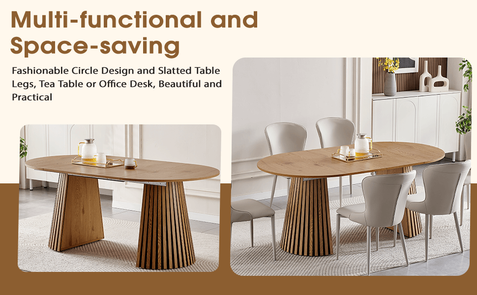 Extendable Oval Dining Table with multi-functional design for tea or office use, featuring slatted table legs and space-saving functionality.