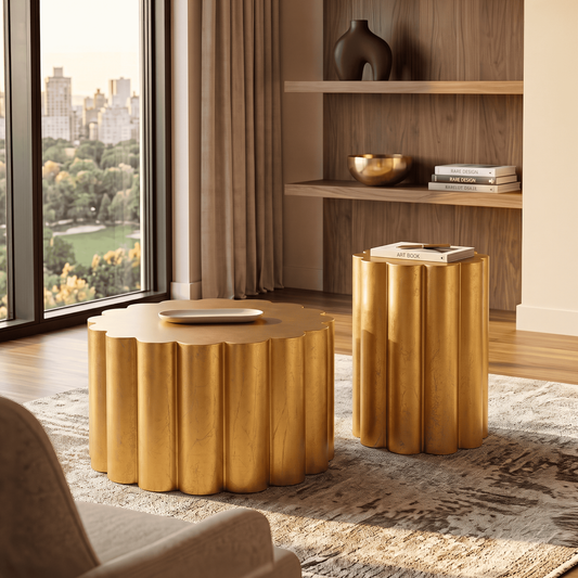 Keaton Scalloped Aluminum Coffee Table Set in Gold