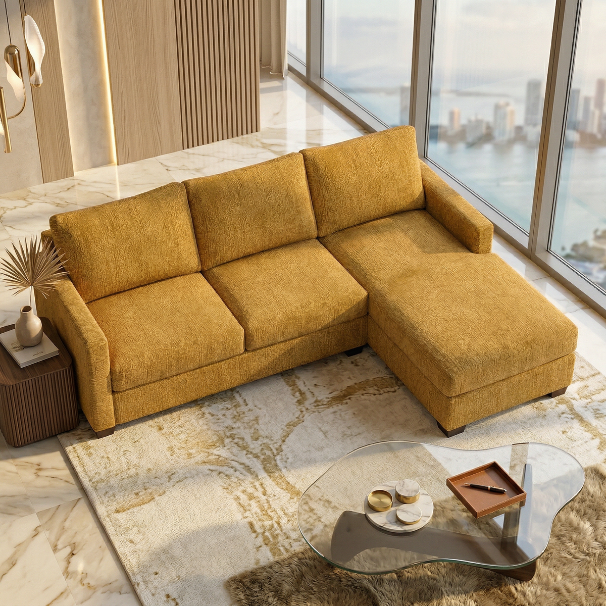 Damon L-Shaped Sectional Sofa – 120" Chaise Sectional in Fabric & Velvet - Yellow Hepburn Chai Tea Fabric (4)
