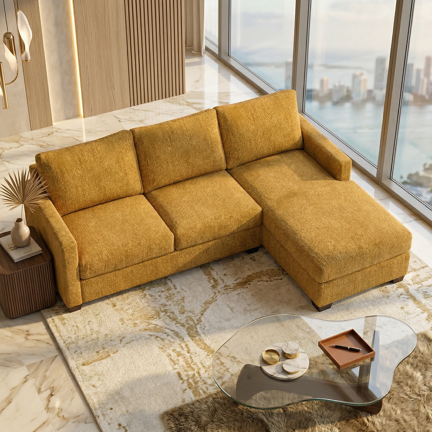 Damon L-Shaped Sectional Sofa – 120" Chaise Sectional in Fabric & Velvet - Yellow Hepburn Chai Tea Fabric (4)