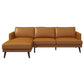 The Ashcroft Furniture Lore MCM Leather L-Shape Chaise Sofa Sectional 105 is shown in brown genuine leather with angled wooden legs, viewed from the front on a white background.