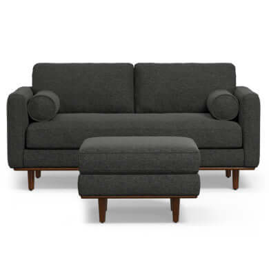 Morrison MCM Fabric Loveseat Sofa 72" – Modern Mid-Century Compact Loveseat (2 Colors) with ottoman in dark fabric.
