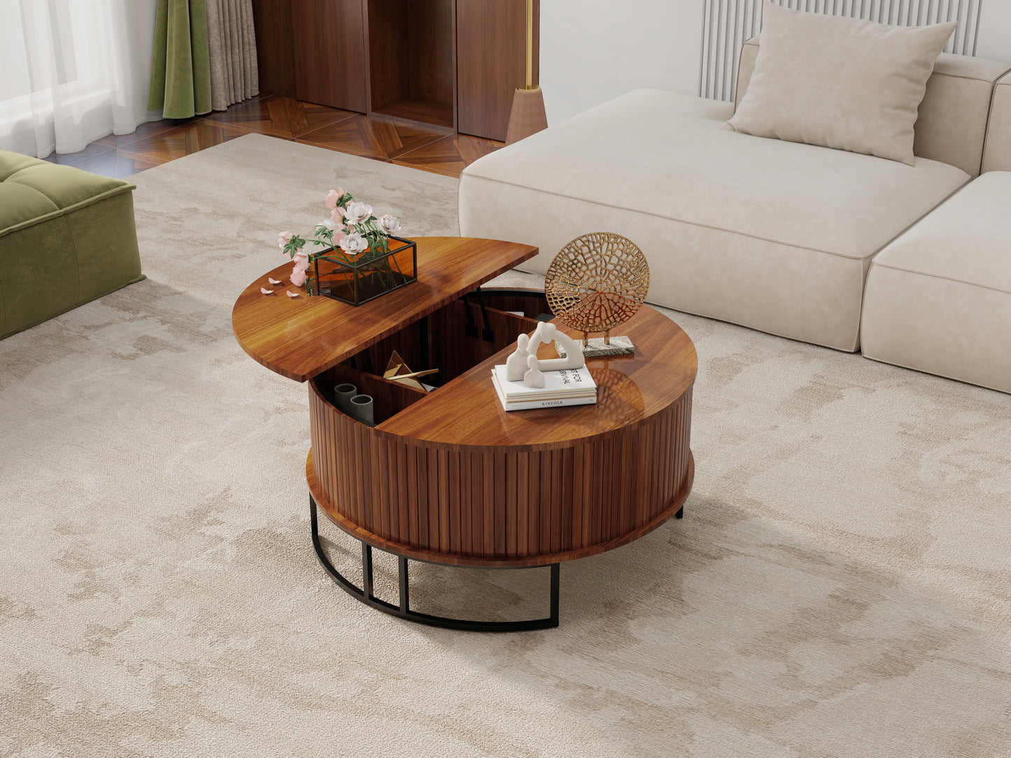 Theodora Walnut Fluted Round Coffee Table – 31.5" Flip-Top Storage Table with Metal Base
