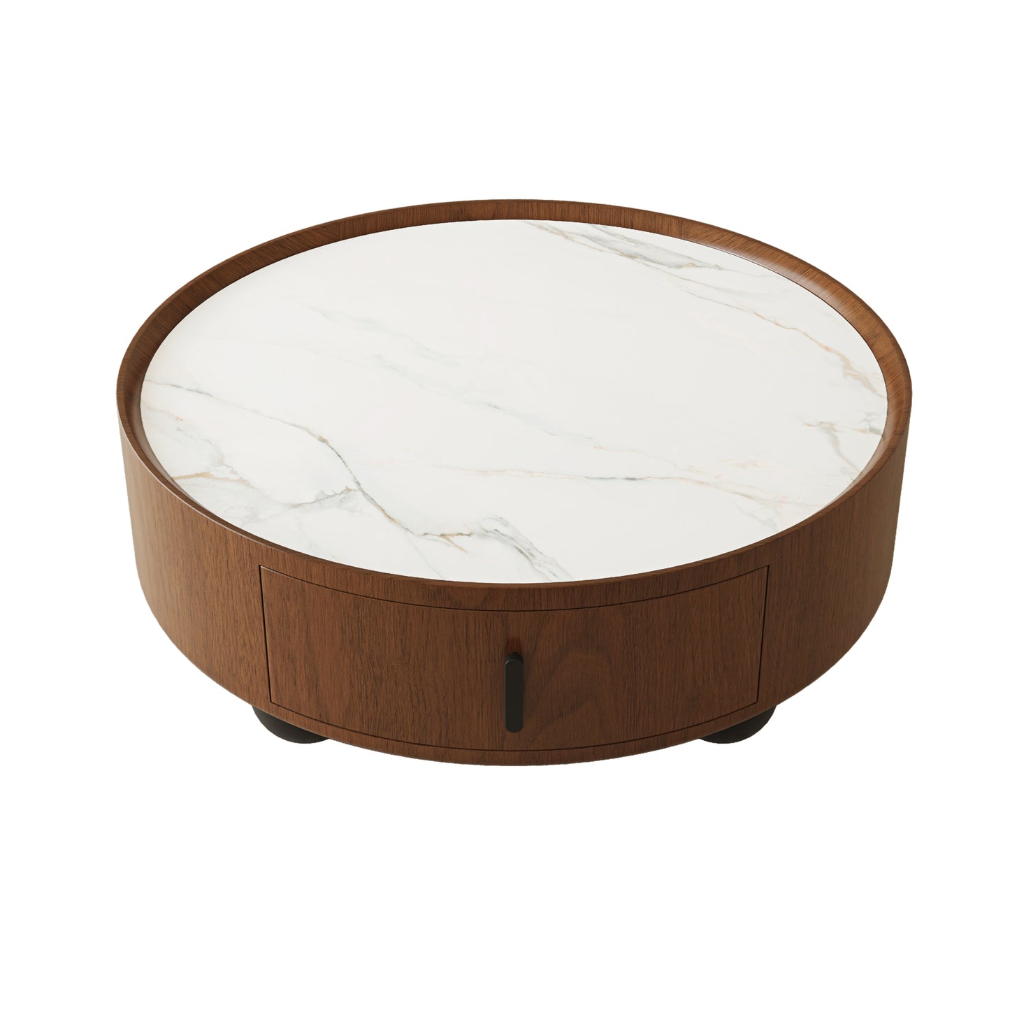 Esther Walnut & Marble-Look Round Coffee Table – 35.4" Storage Drawer Coffee Table
