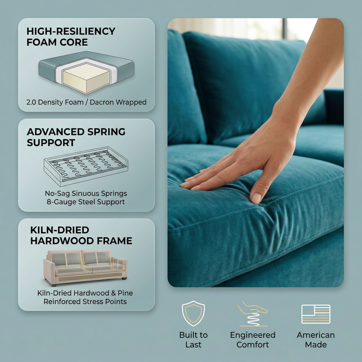 Damon American-Made Sofa – 92" Custom-Fabric Sofa - Hepburn Teal - Fabric (13)