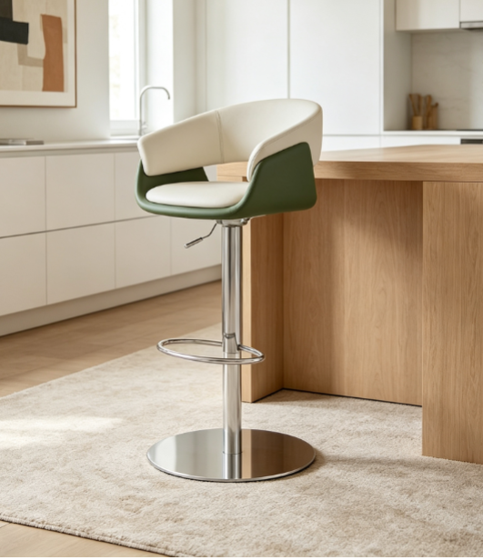 Denby bar stool in green and white faux leather