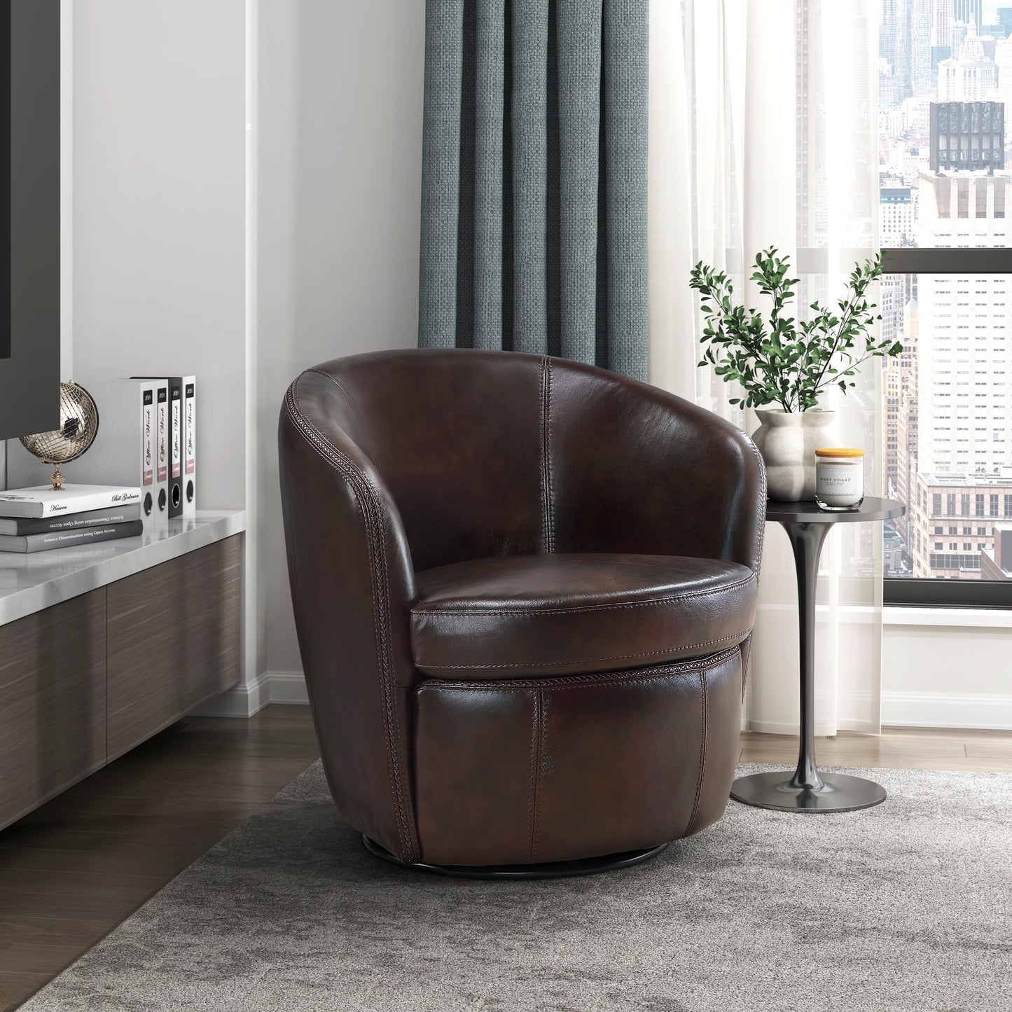 Osgood Top-Grain Leather Swivel Chair – 32" Bronze Barrel Chair