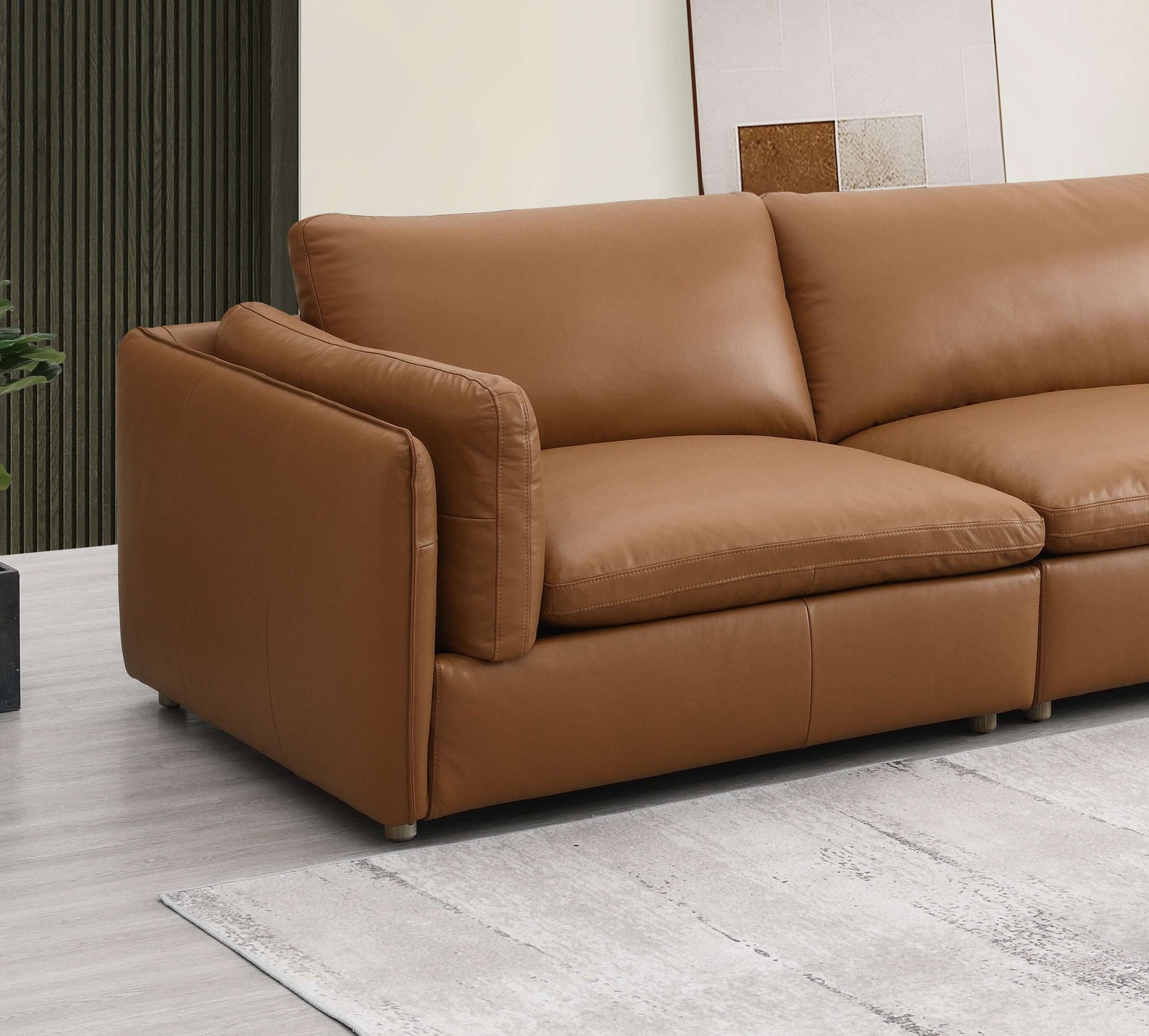 Brighton Top Grain Leather Low Profile Modular Sofa, luxurious brown leather, modern design, living room elegance.