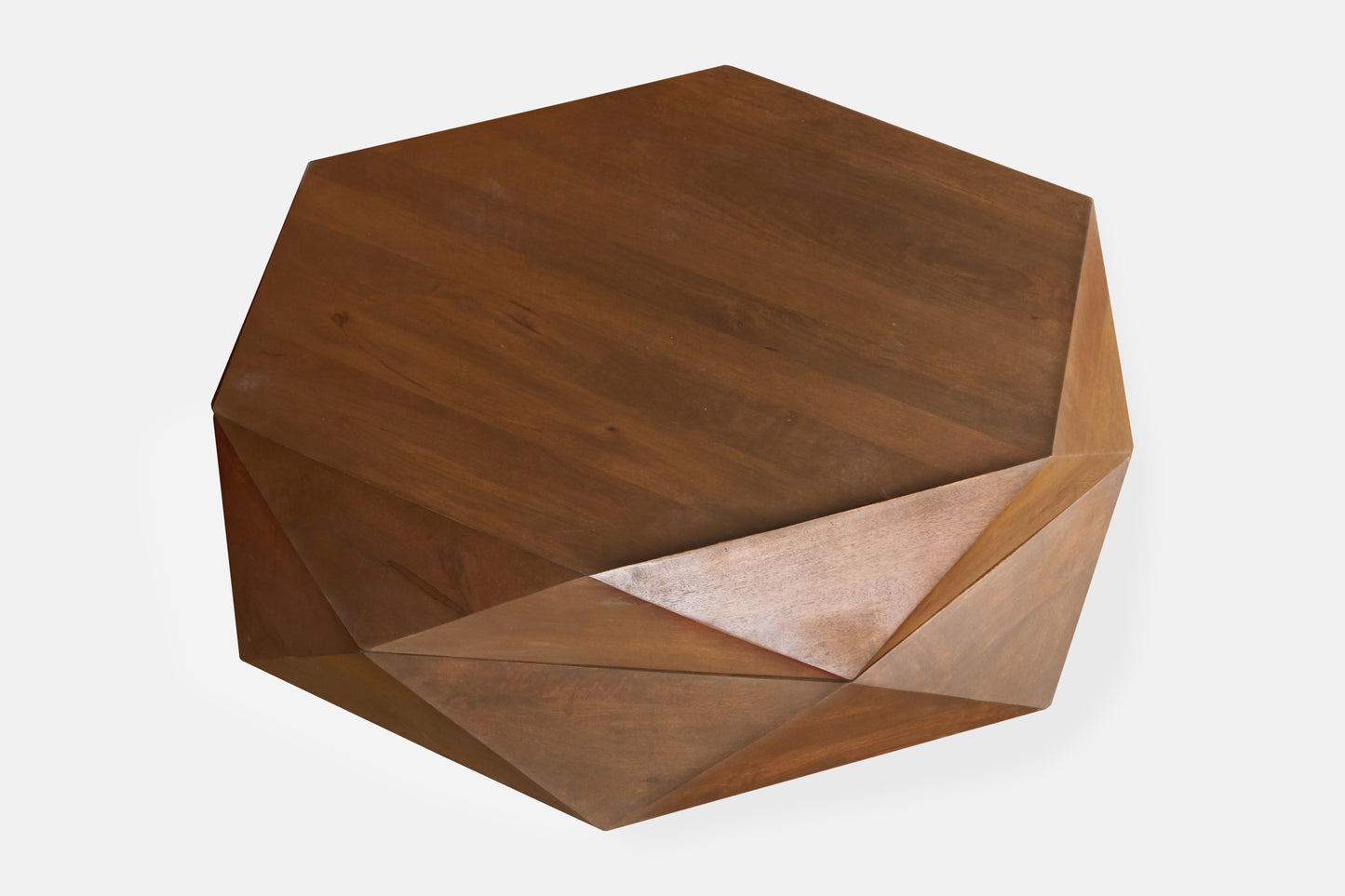 Diamond Shape Solid Wood Lift-Top Coffee Table in Matte Brown 48" with sculptural design and hidden function.