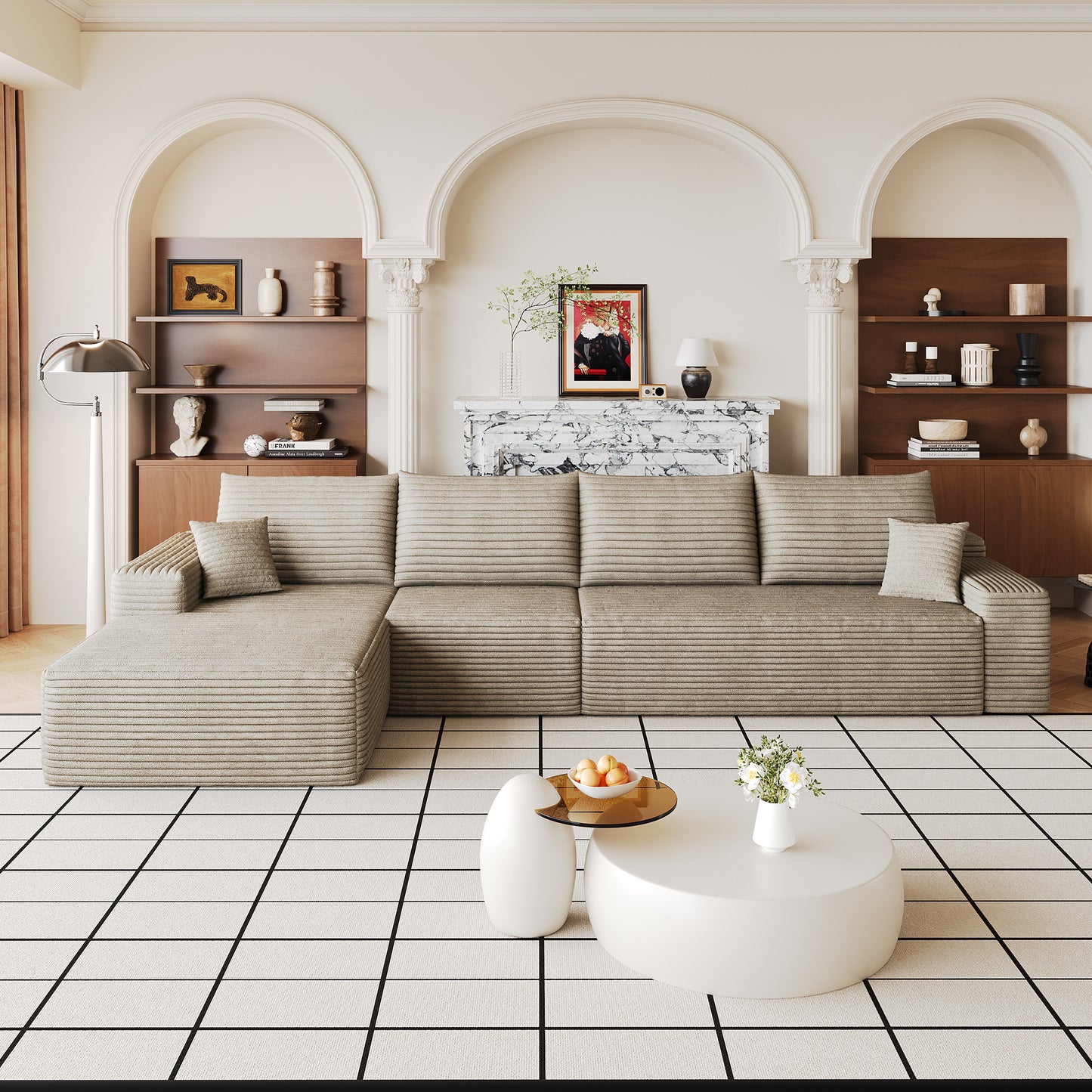 Orla Camel Corduroy Cloud Modular Sectional – 133.6" L-Shape Sofa with Chaise