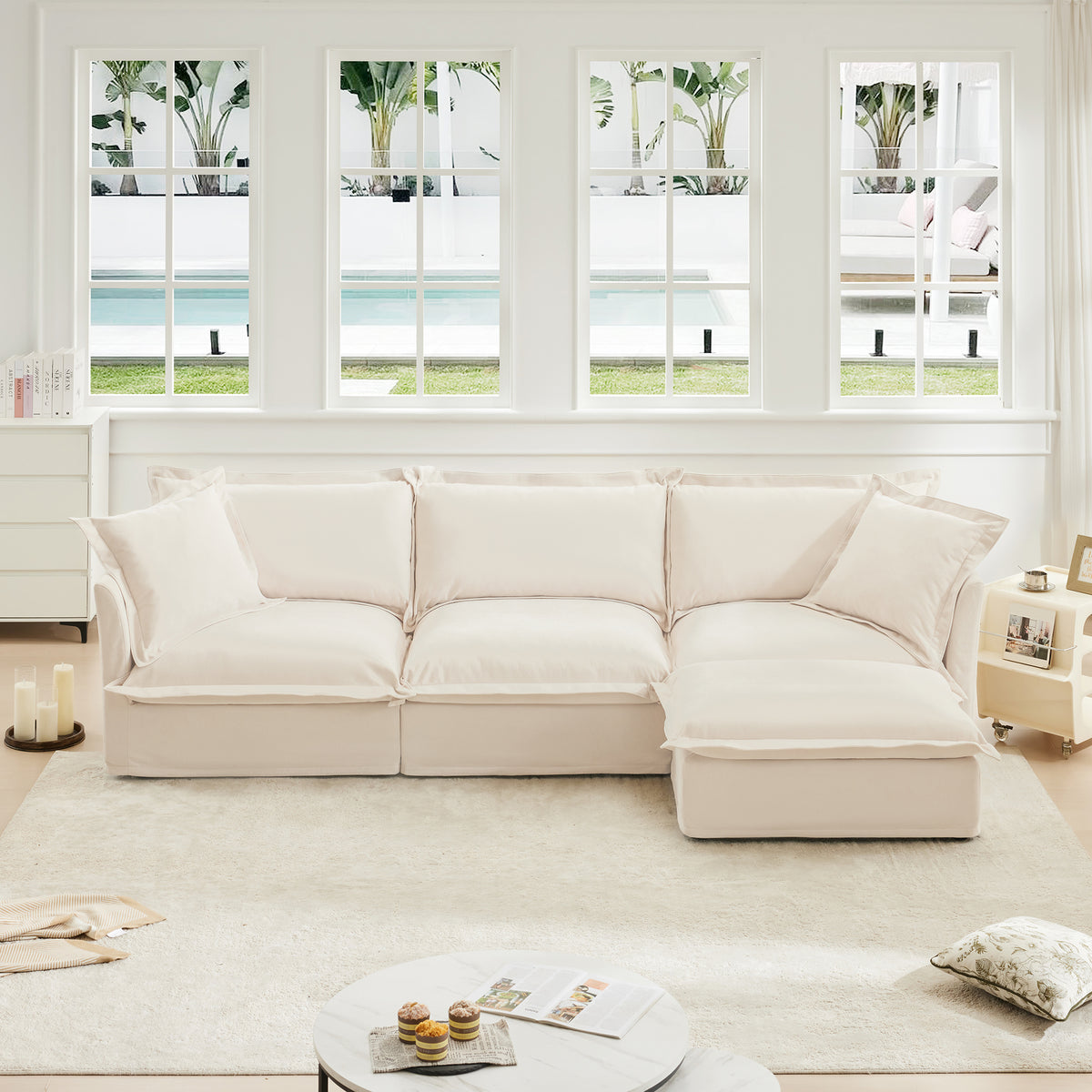 L-Shaped Slipcovered Sectional Sofa Couch