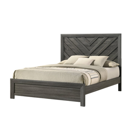 1pc Queen Size Bed Rustic Gray Finish Wooden Bedroom Furniture Geometric Design Chevron Pattern