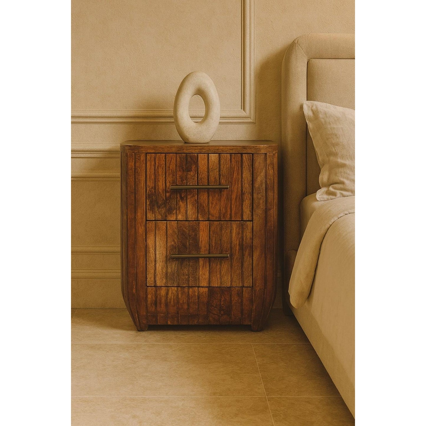Addington Golden Teak Mango Wood Nightstand – 17.32" Fluted 2-Drawer Bedside Table