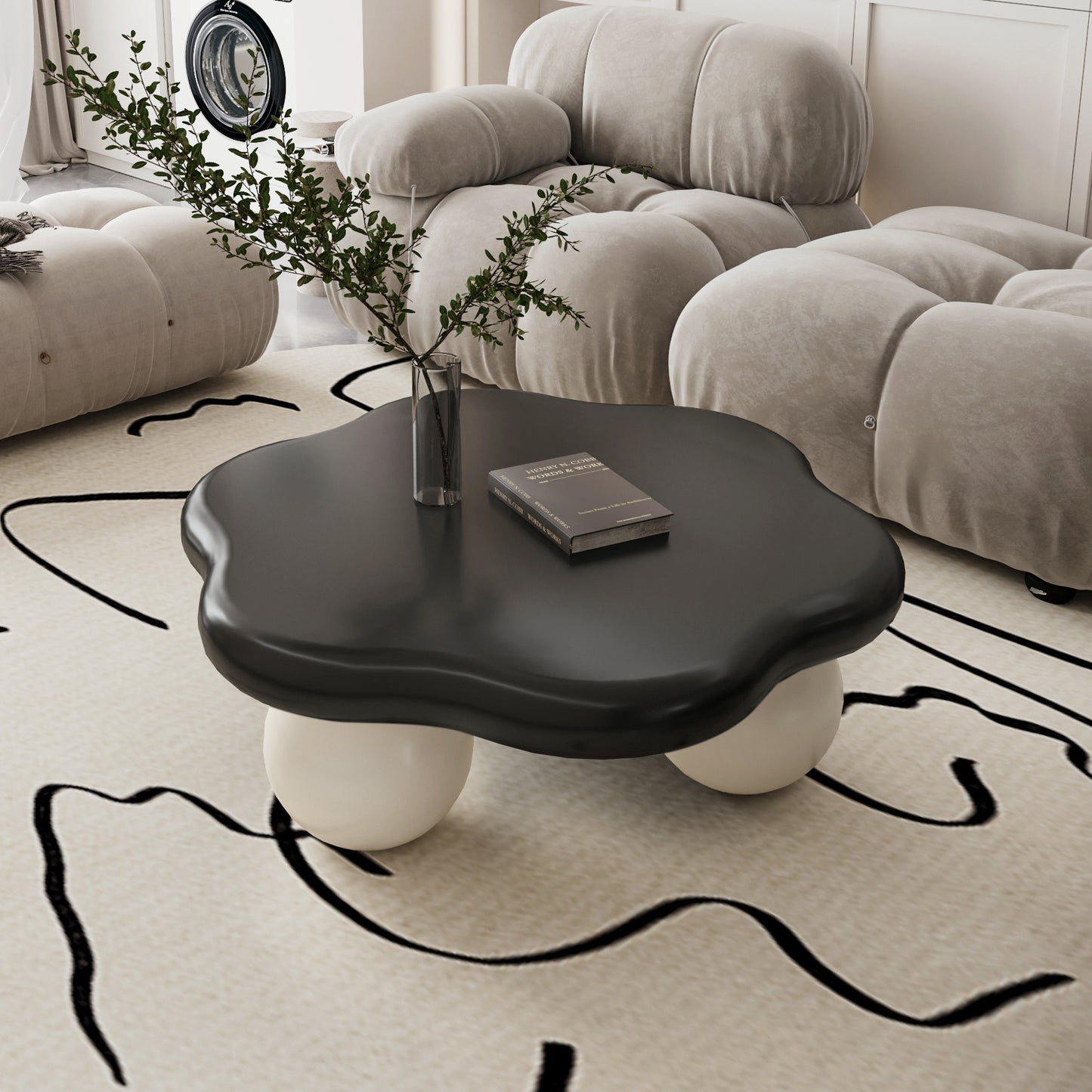 Winterbourne Black & White Cloud Coffee Table – 35" Petal-Shape Table with Sphere Legs