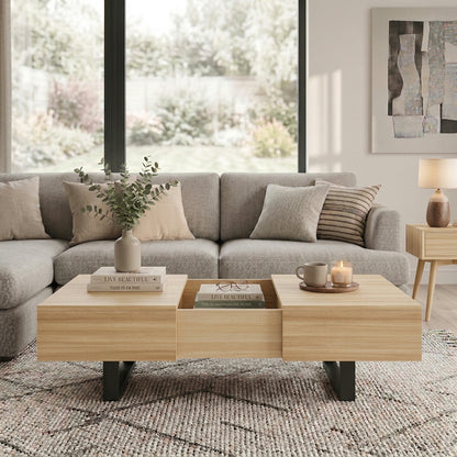 Larchmont Natural Sliding-Top Coffee Table – 42.8" Mid-Century Table with Hidden Storage