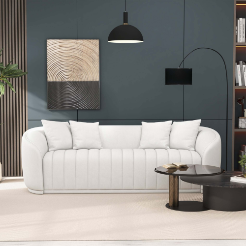 Mid-Century Modern Channel Tufted Boucle Sofa 92" – Markus Cream Boucle Couch