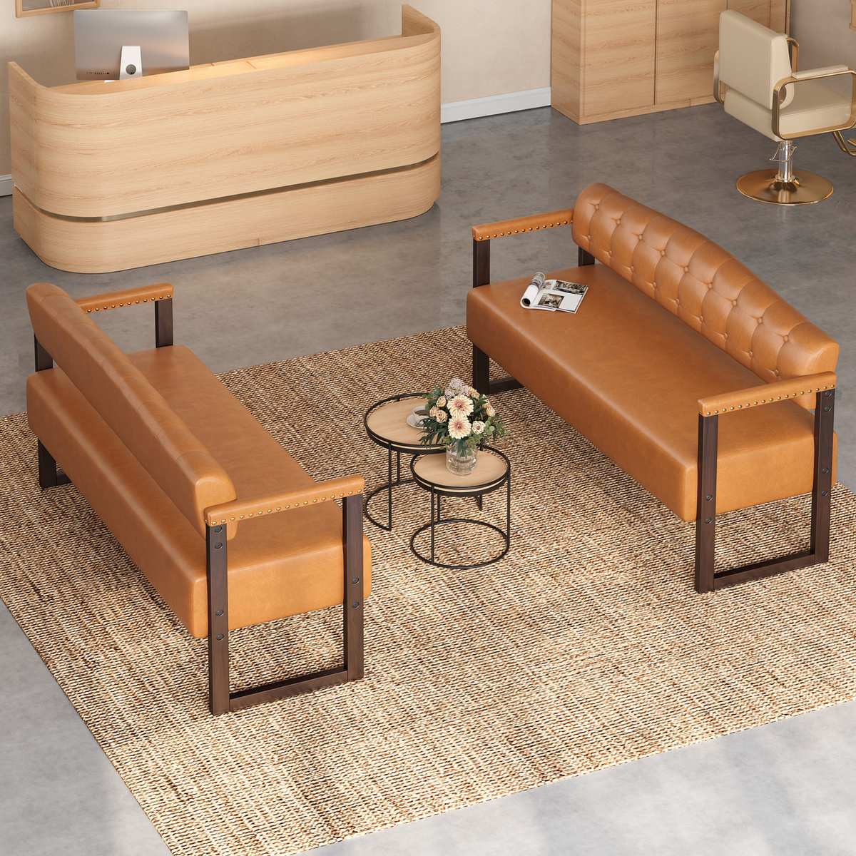 Ludlow Button-Tufted Faux Leather Bench Set in Dark Brown