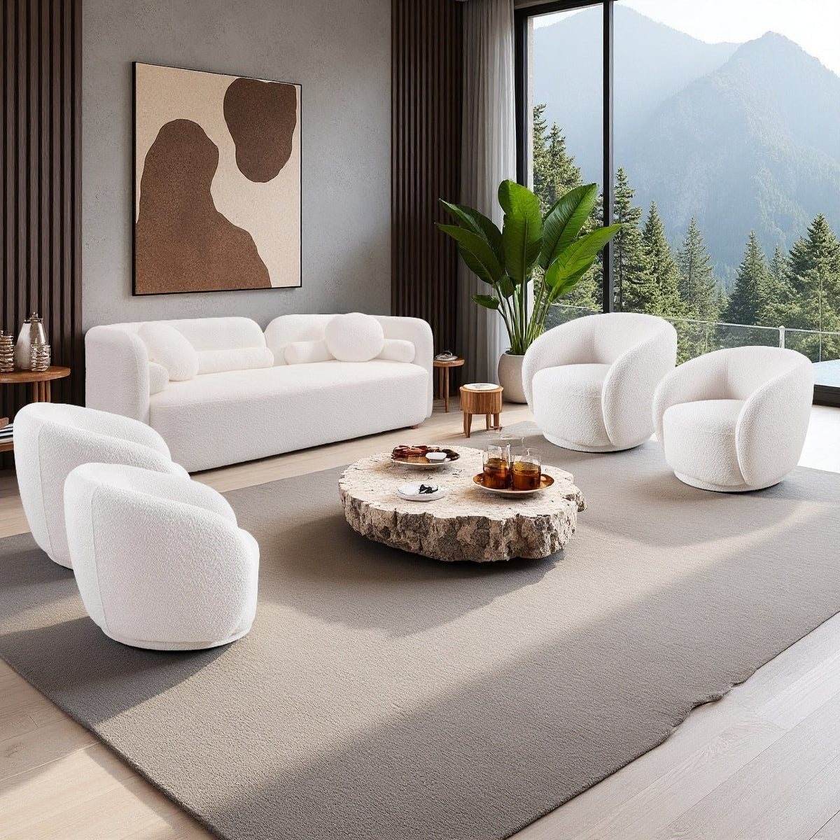 Idris Sofa Set in White, Sofa + 4 Swivel Chairs