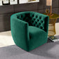 Delaney Tufted Swivel Barrel Chair – Modern Accent Chair (Multiple Colors & Fabrics) in green velvet upholstery.