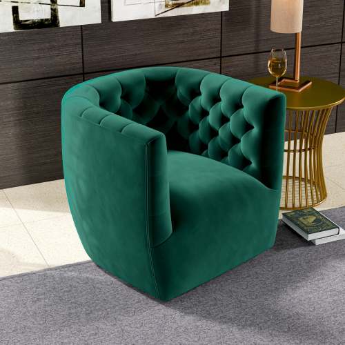 Delaney Tufted Swivel Barrel Chair – Modern Accent Chair (Multiple Colors & Fabrics) in green velvet upholstery.