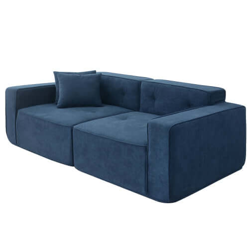 Modern low profile box arm memory foam sofa in navy blue color, featuring a sleek design and plush cushions.
