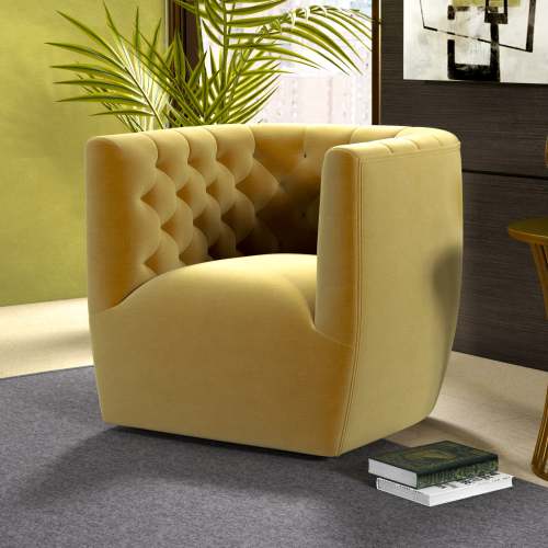 Delaney Tufted Swivel Barrel Chair – Modern Accent Chair (Multiple Colors & Fabrics) in yellow velvet upholstery.