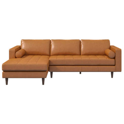Modern Tufted Leather Chaise Sofa Sectional 101” – Anthony MCM Genuine Leather L-Shape Couch in rich tan upholstery.
